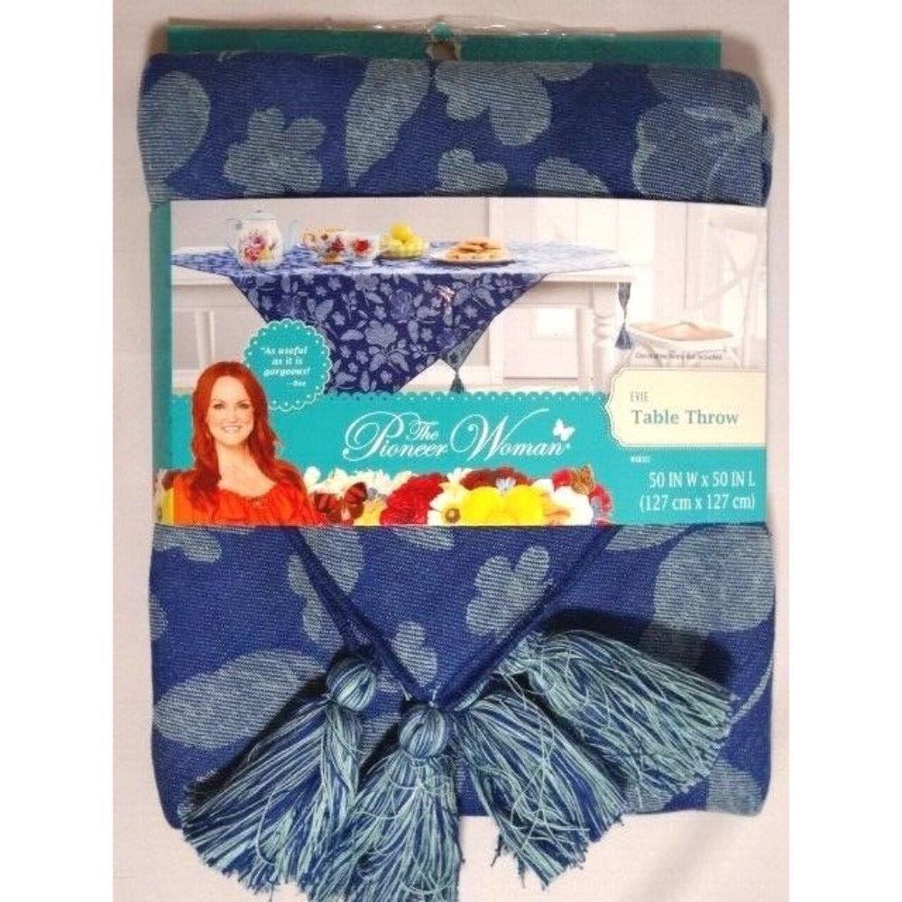 Pioneer Woman Evie Table Throw or Runner Floral Navy Blue Tassels 50-in Sq.